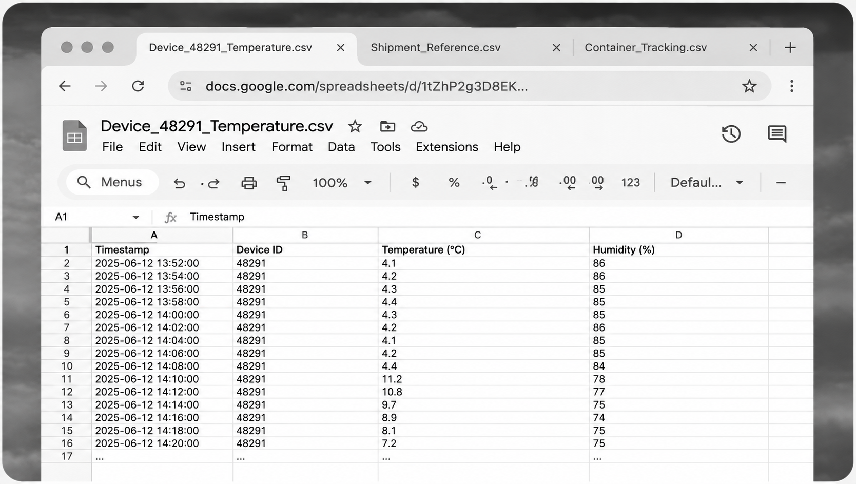 CSV shipment data export showing device temperature readings